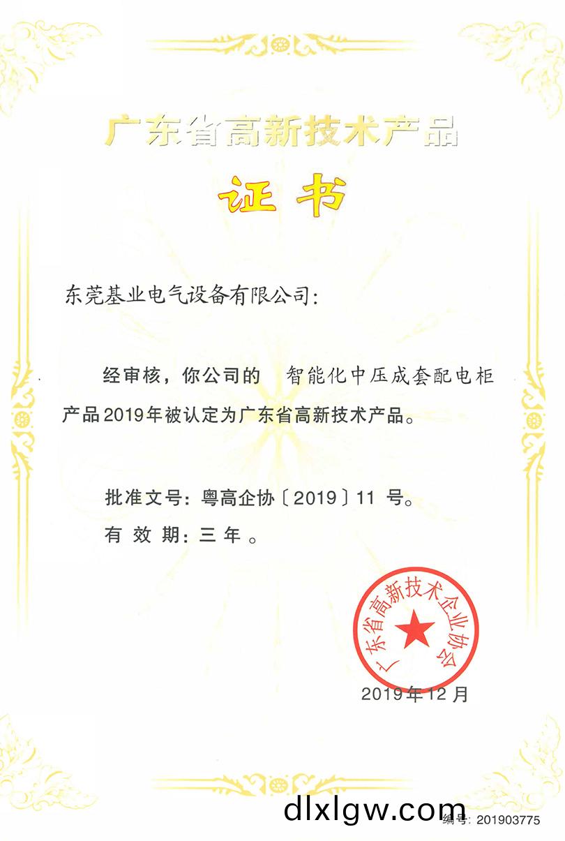 智能(neng)化(hua)中(zhong)壓(ya)成套(tao)配(pei)電櫃(gui)高(gao)新(xin)技術證(zheng)書(shu)